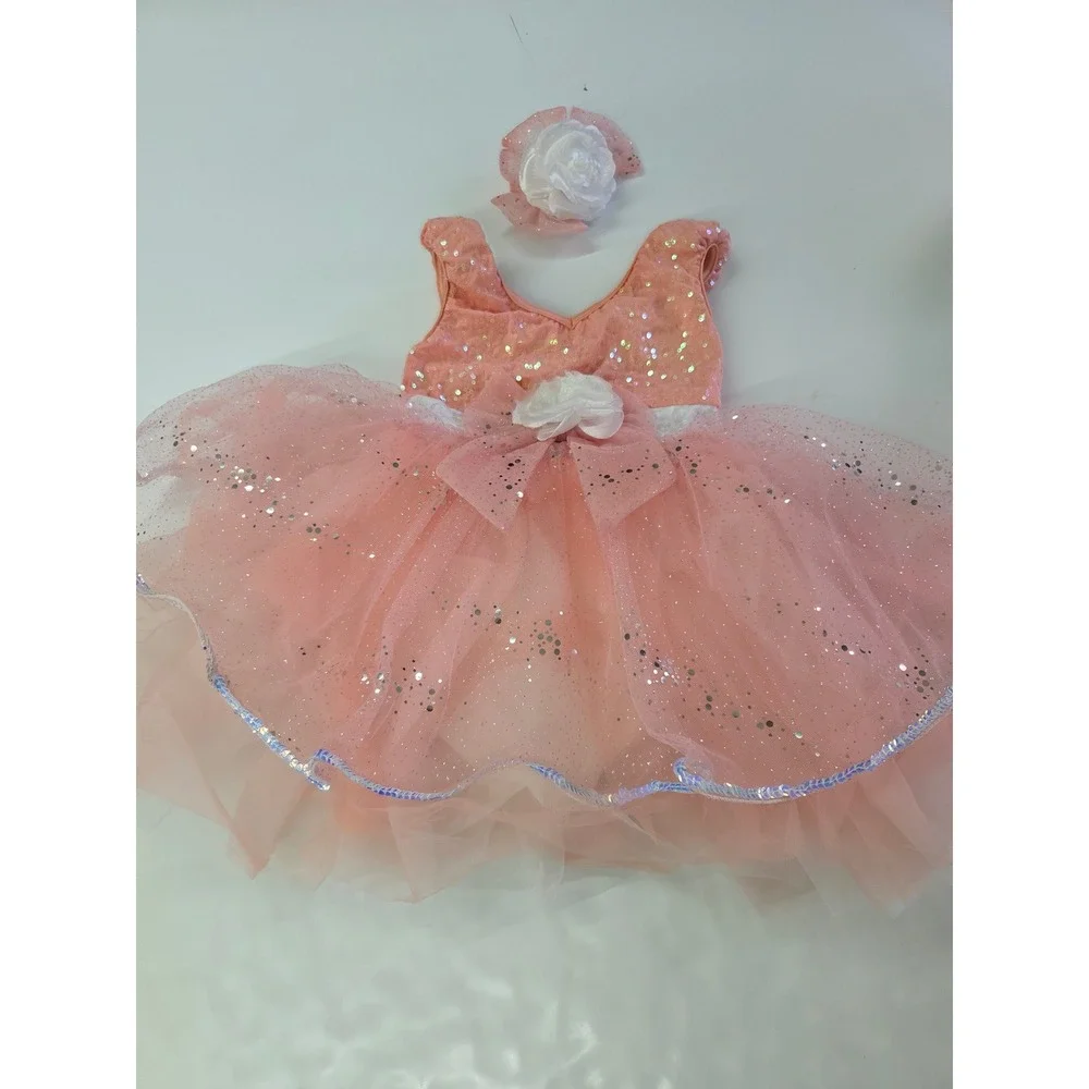 Weissman Peach Sequin Glitter Tulle Dance Leotard Tutu Dress XSC 14214 Hair Clip